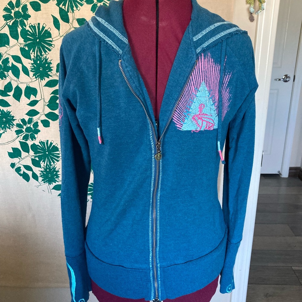 Green Apple Organic Blue Hoodie with Pink Accents